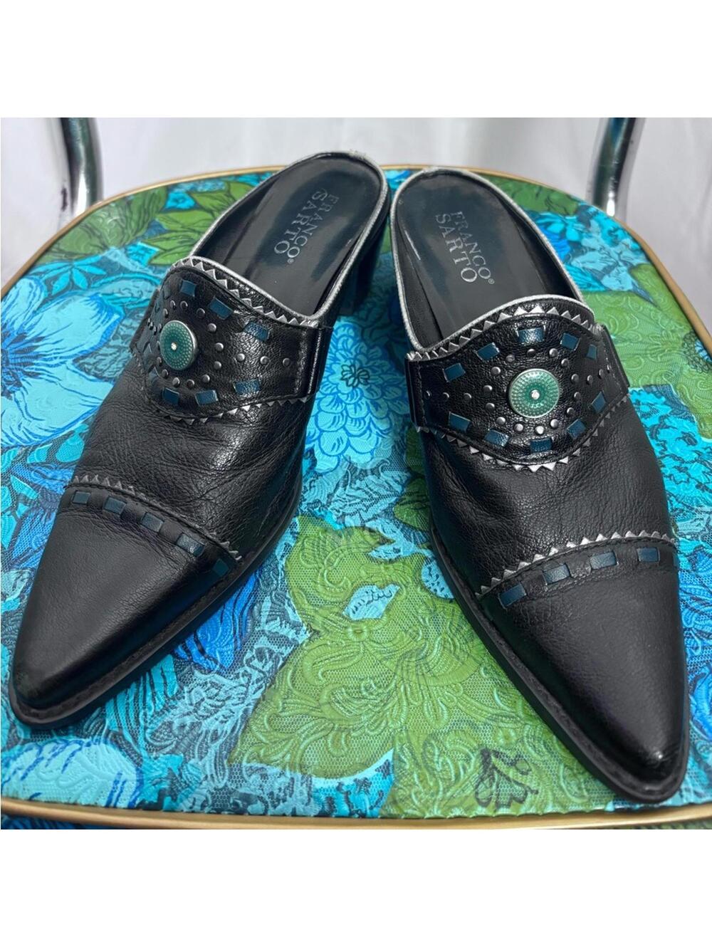 VTG Y2K Black Western Goth Leather Mules with Southwest Silver+Teal‎ Beading 6.5